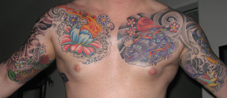 Flower Sleeve Chest Tattoos by