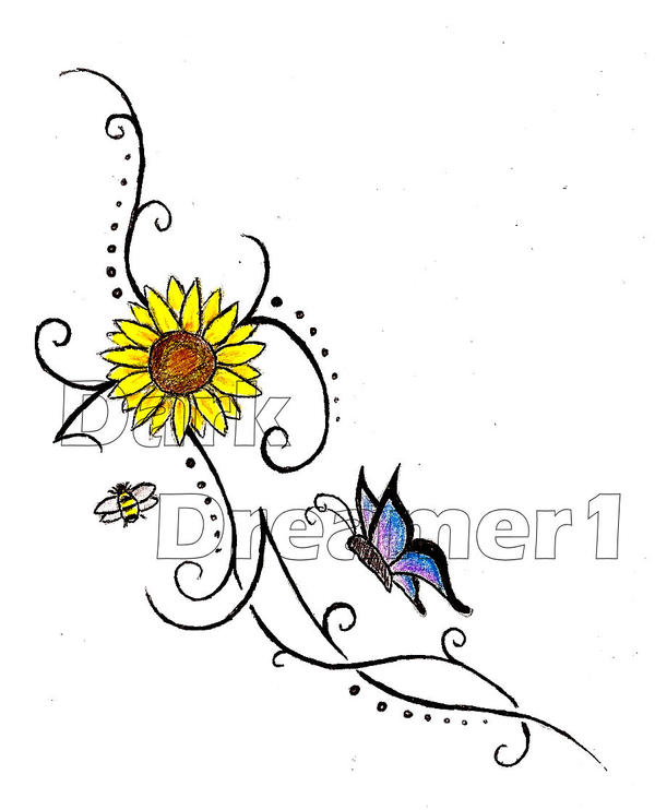Sunflower, butterfly and bee.