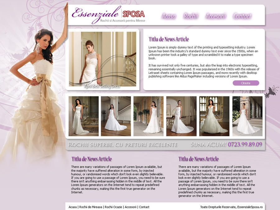 A website layout for a wedding dress and wedding accessories shop