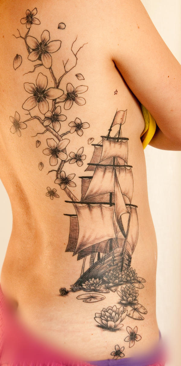 Ship and flowers - flower tattoo