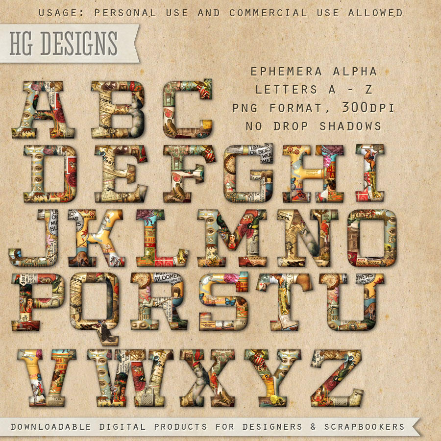 Free scrapbook alpha letters "Ephemera" from HG designs