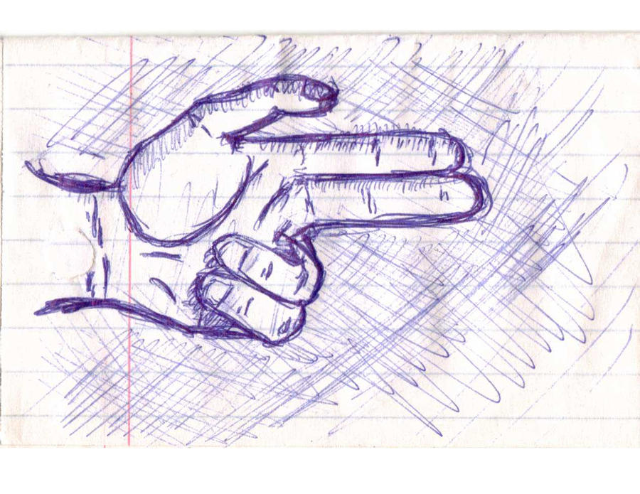 Purple ink on notepaper drawing of a hand with two fingers and a thumb making a gun.
